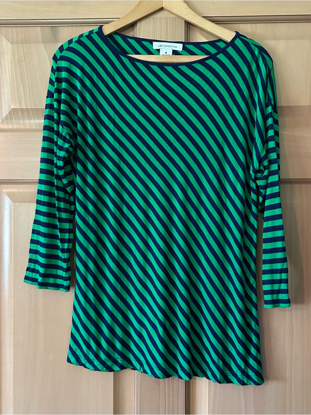 Liz Claiborne Green & Navy Blue Diagonal Striped Boatneck Top Size M EUC